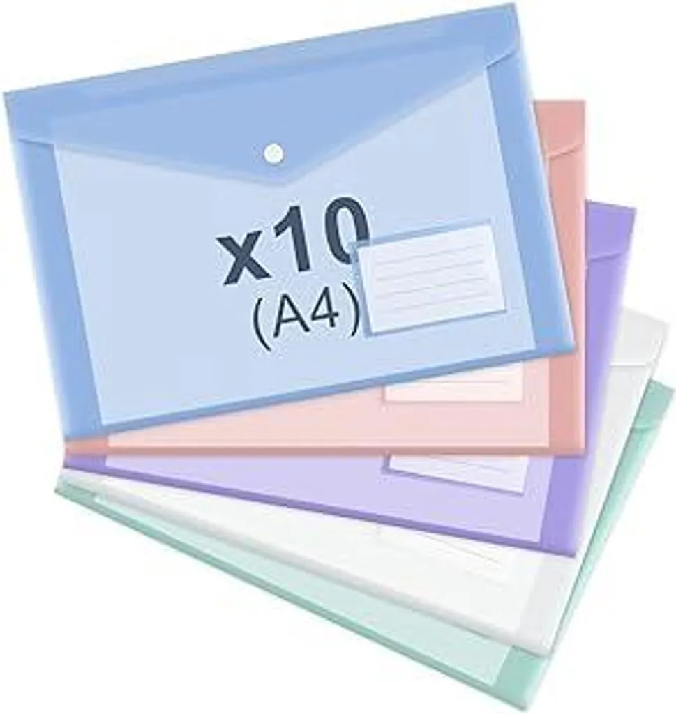 ASTARON Cartellina portadocumenti A4 per archiviazione, 10 pezzi Cartellina trasparente in plastica A4, raccoglitore A4 con tasca per etichette, per scuola, casa, lavoro, ufficio, 5 colori