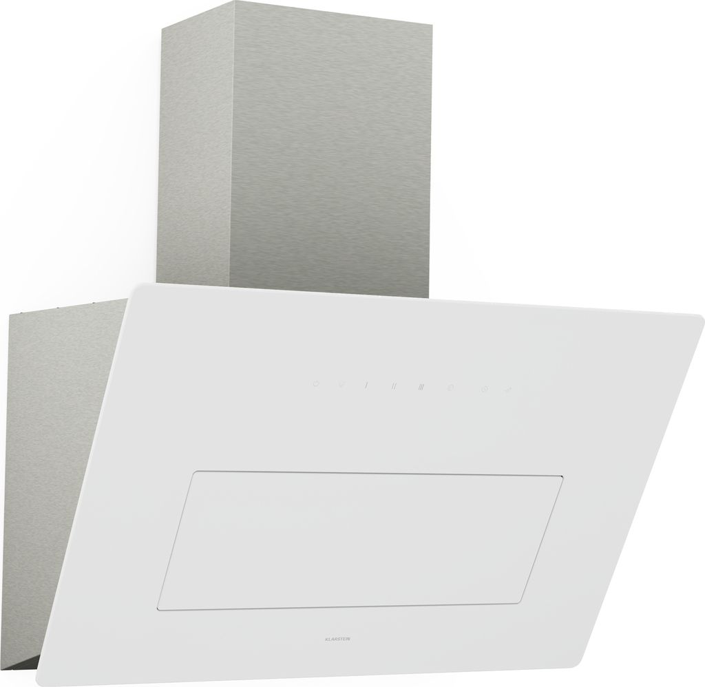 A white and gray range hood is shown against a white background.