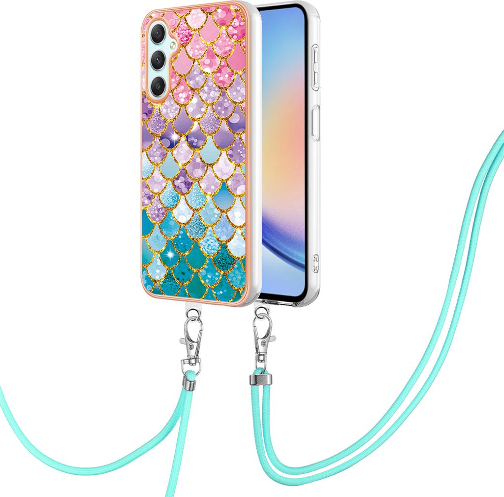Handykette Hülle für Samsung Galaxy A24 4G Muster TPU Schutzhülle mit verstellbarem Tragegurt Bunt