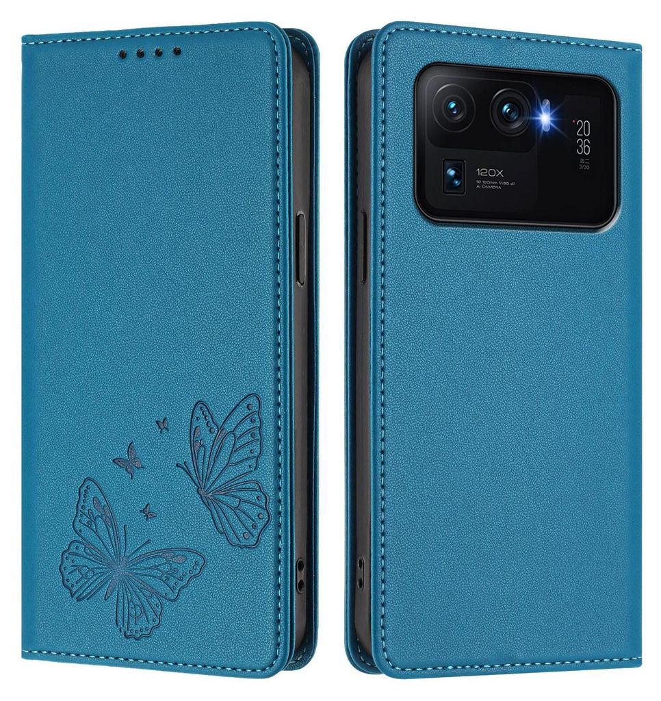 Lederhülle für Xiaomi Mi 11 Ultra, Schmetterling Prägung Leder Brieftasche Schutzhülle mit Ständer Blau