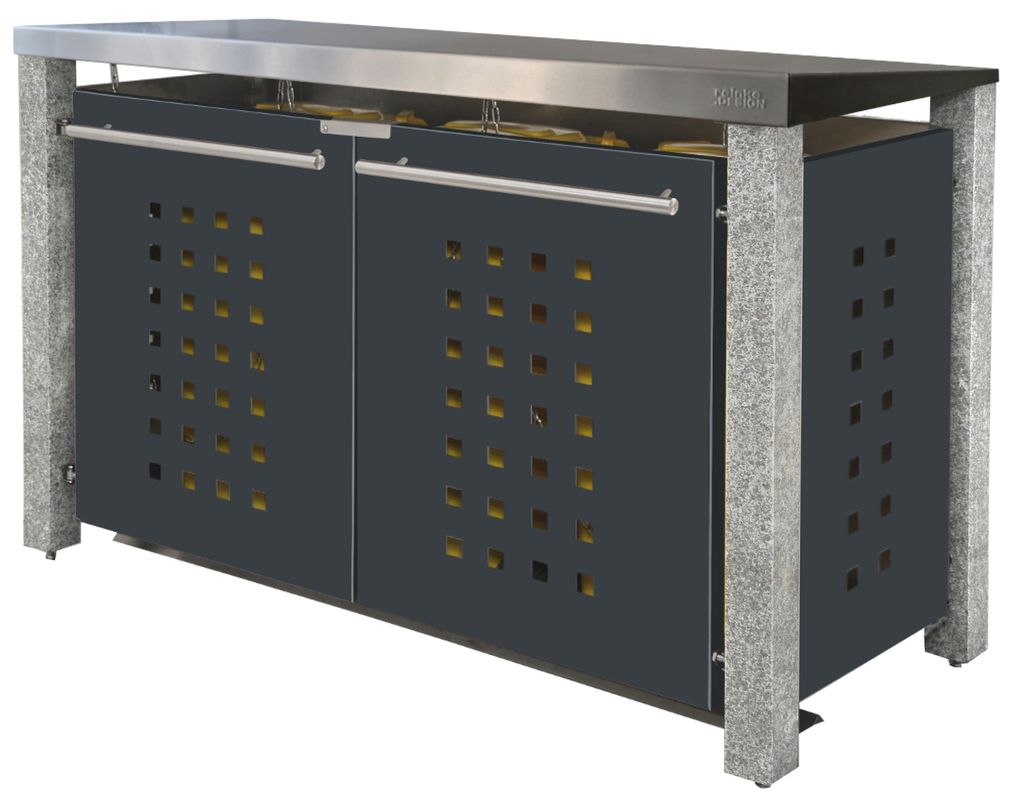 reinkeDESIGN | Mülltonnenhaus 3x240L | Typ_N | Flachdach, Steinpfosten, Türen & Blenden Anthrazit | für Reihenhaus, Deutsche Qualität