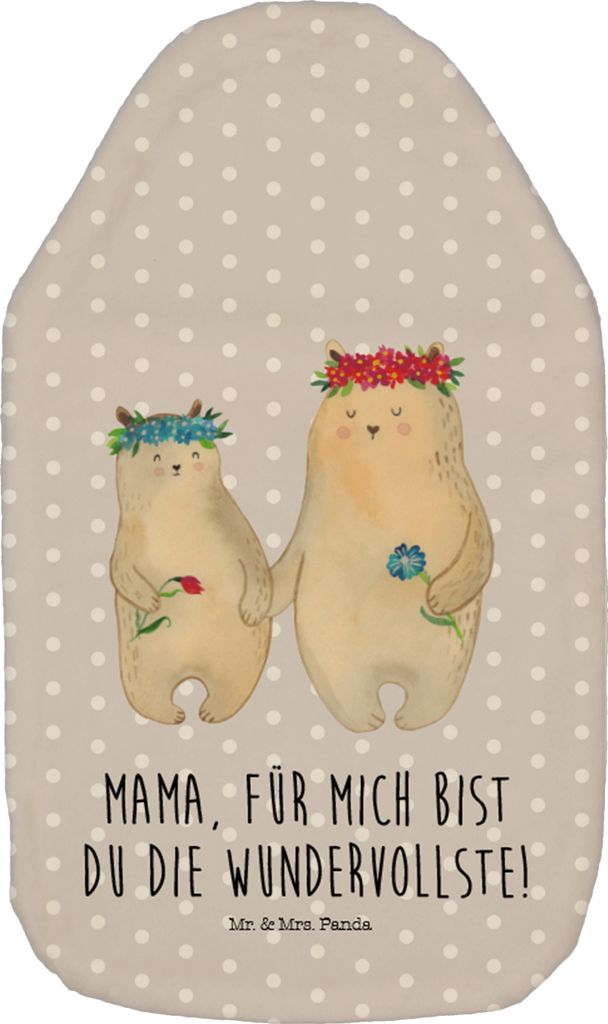 Mr. & Mrs. Panda Wärmflasche Bären mit Blumenkranz - Grau Pastell - Geschenk, Familie, warmwasserflasche, Mutti, Wärmekissen, Muttertag, Wärmfl...