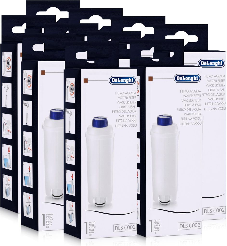 Multiple boxes of DeLonghi water filters stacked together.