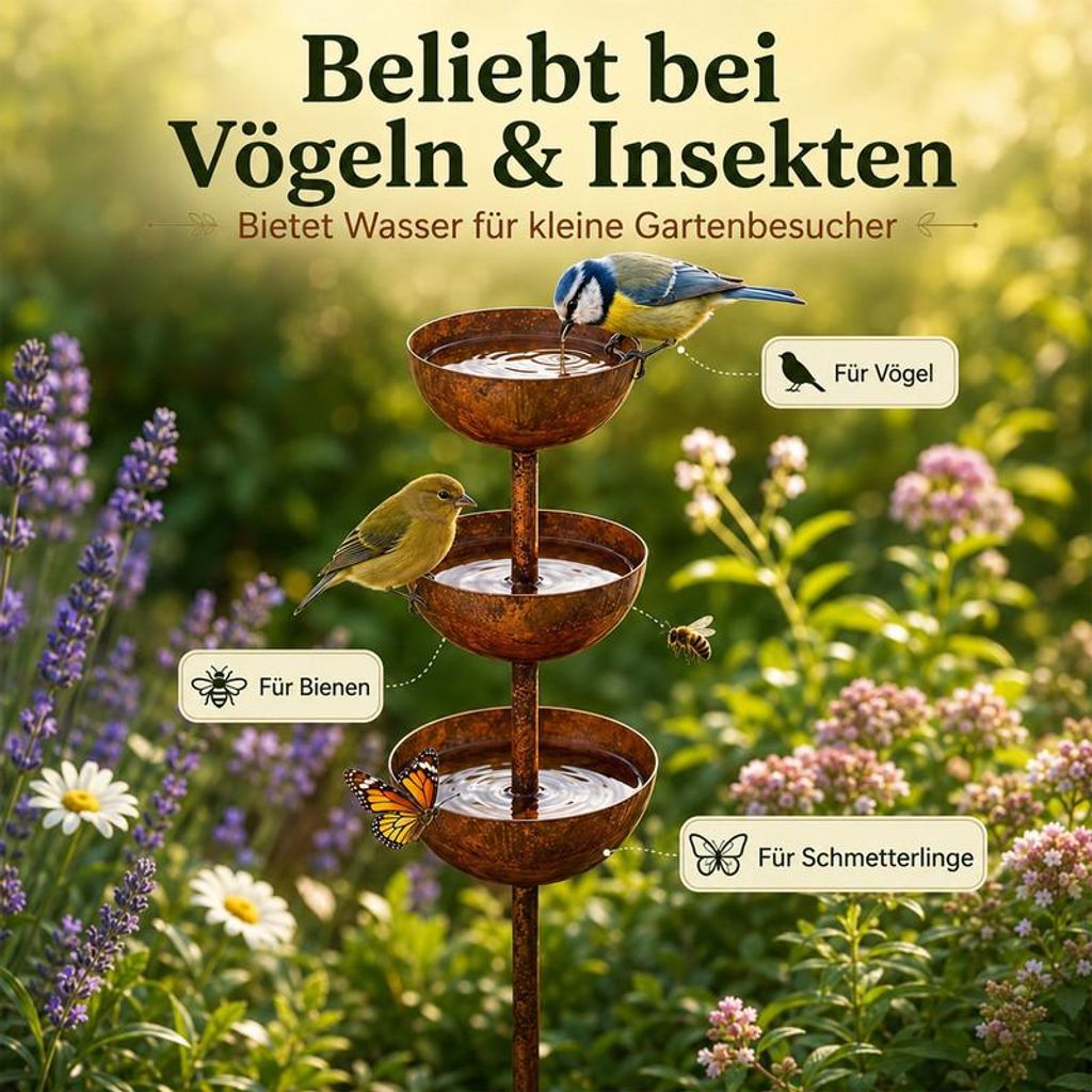 Vintage Vogeltränke Balkon Insektentränke Metall, Rostige Gartenstecker Wetterfest, Edelrostoptik für Beet & Topf