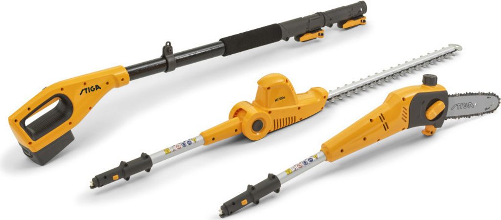 STIGA Akku-Multitool MT 100e, Hochentaster und Produktbild 
