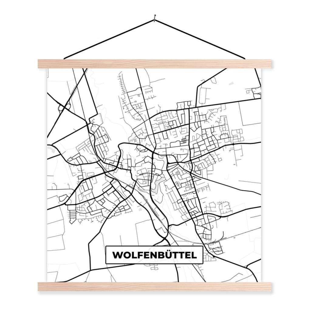 MuchoWow Textilposter Wolfenbüttel - Stadtplan - Karte 60x60 cm mit holzfarbenen Rahmen - Wanddekoration