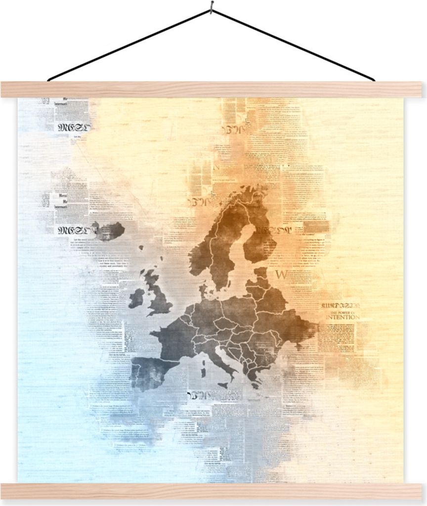 MuchoWow Textilposter Karten - Europa - Aquarell - Zeitung 120x120 cm mit holzfarbenen Rahmen - Textil-Poster