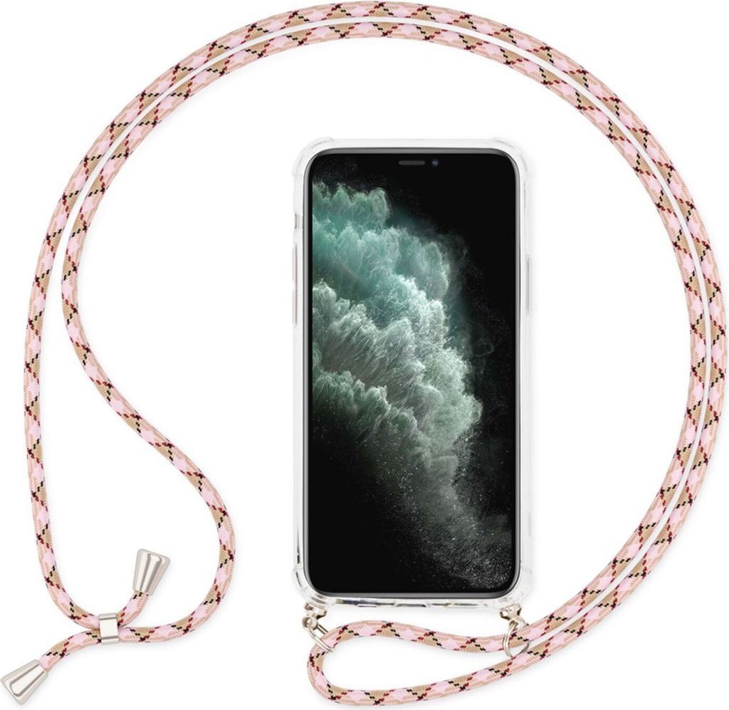 NALIA Handy Hülle mit Kette für iPhone 11 Pro, Necklace Case mit Umhänge-Band Pink Weiß