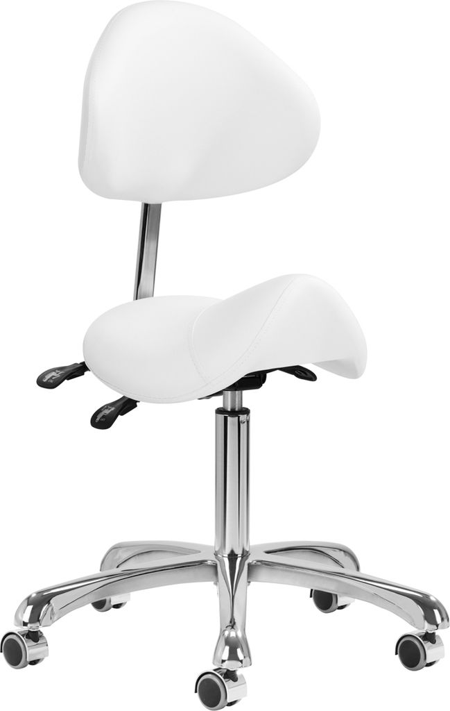 A white saddle stool with a backrest on a white background.