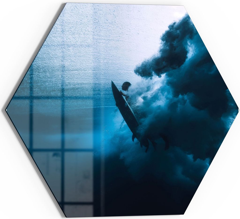 DEQORI Glasbild Echtglas 55x48 cm 'Surfer taucht Unterwasser' Wandbild Bild modern Deko