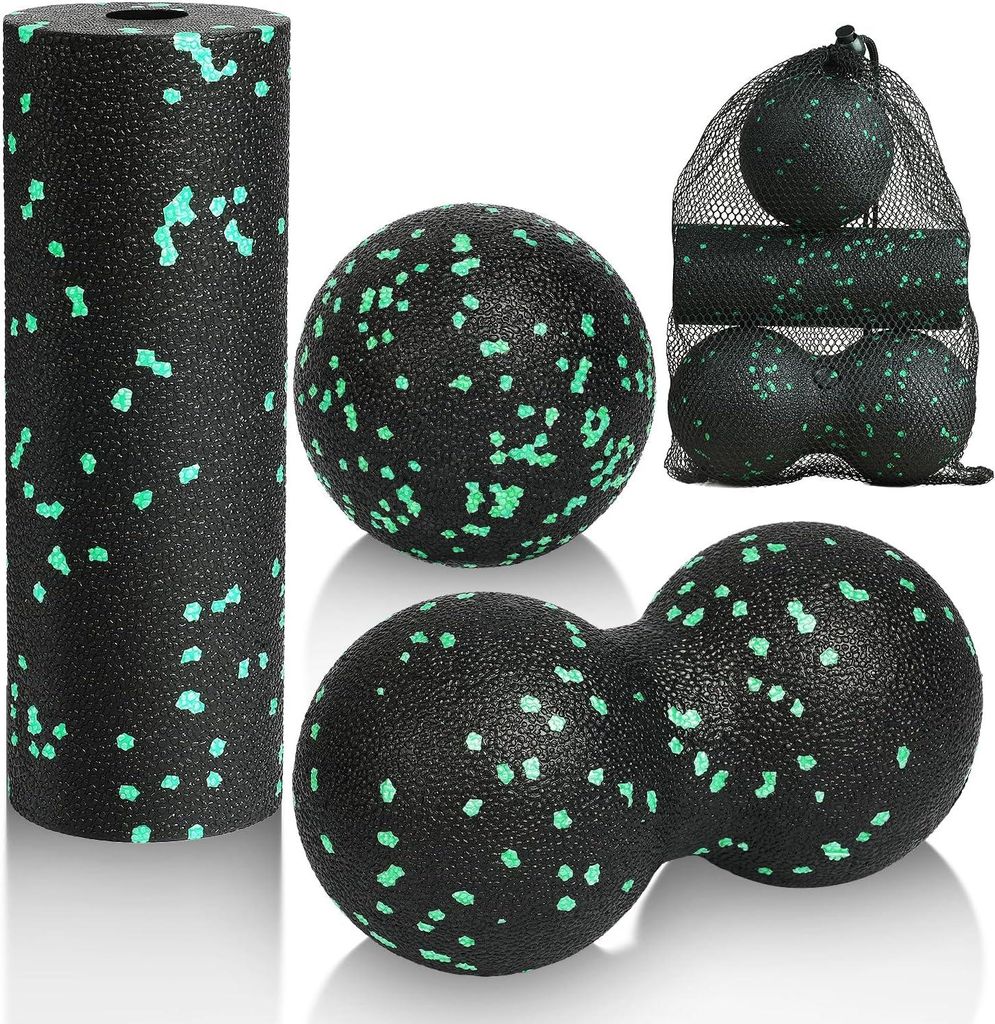 3-teiliges Massageballset für Muskelmassagen und Selbstmassage - grün mit Aufbewahrungstasche