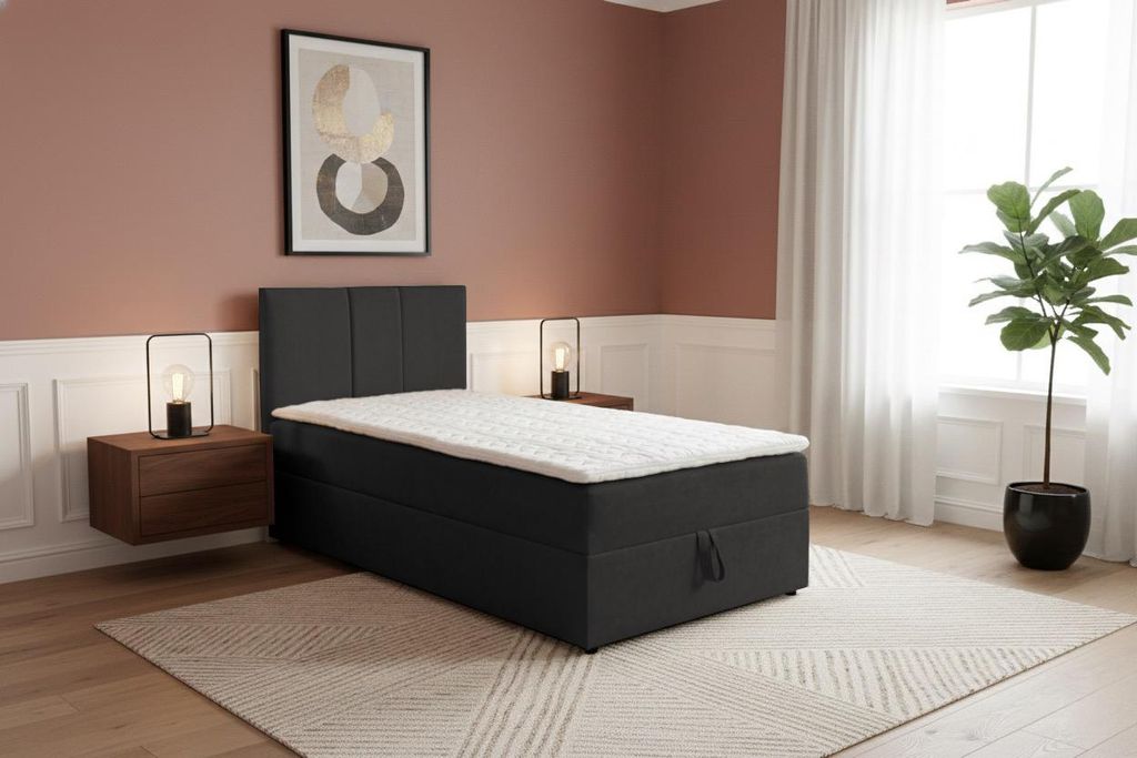 VENASI LISA MINI Boxspringbett 100x200 Einzelbett mit Bettkasten H2/H3 Matratze SCHWARZ