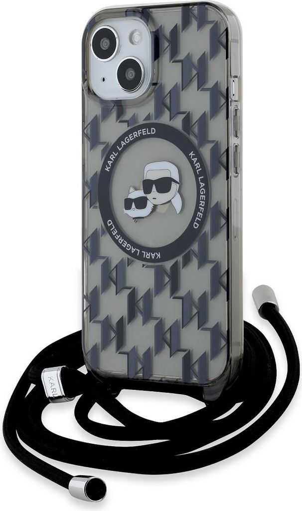 A Karl Lagerfeld iPhone case with a crossbody strap is shown against a white background.