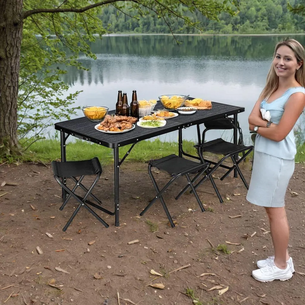 Table de Camping Pliante 120x60 cm avec Tabourets Set de Randonnée