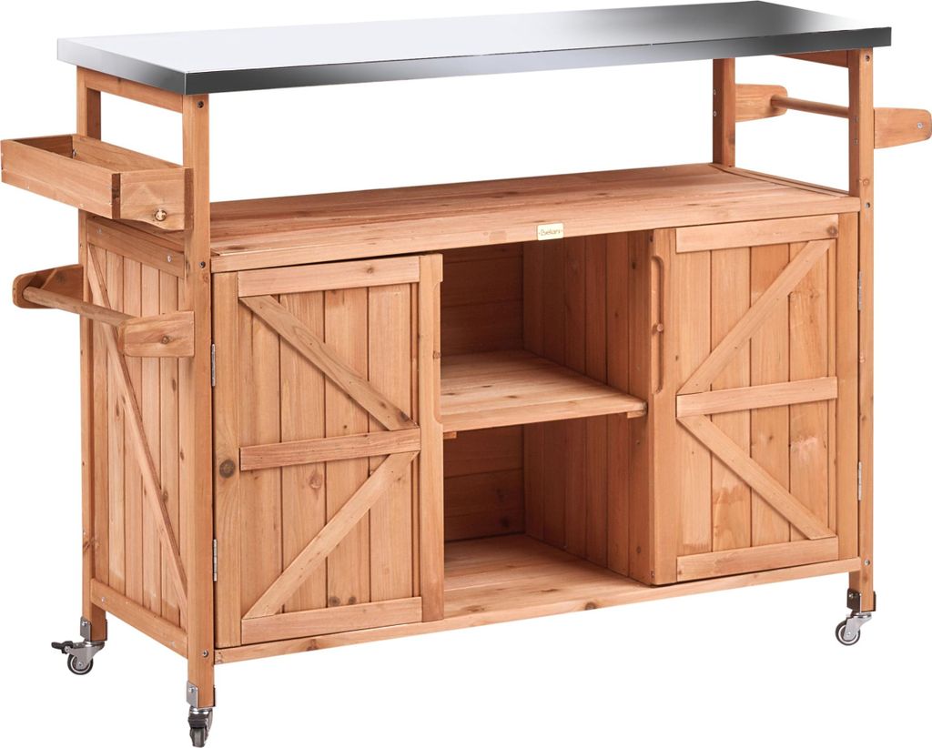 BELIANI Outdoor Kücheninsel Hellbraun Tannenholz Edelstahl 128 x 47 x 85 cm mit Rollen Schrank 2 Türen Gartenküche Outdoorküche