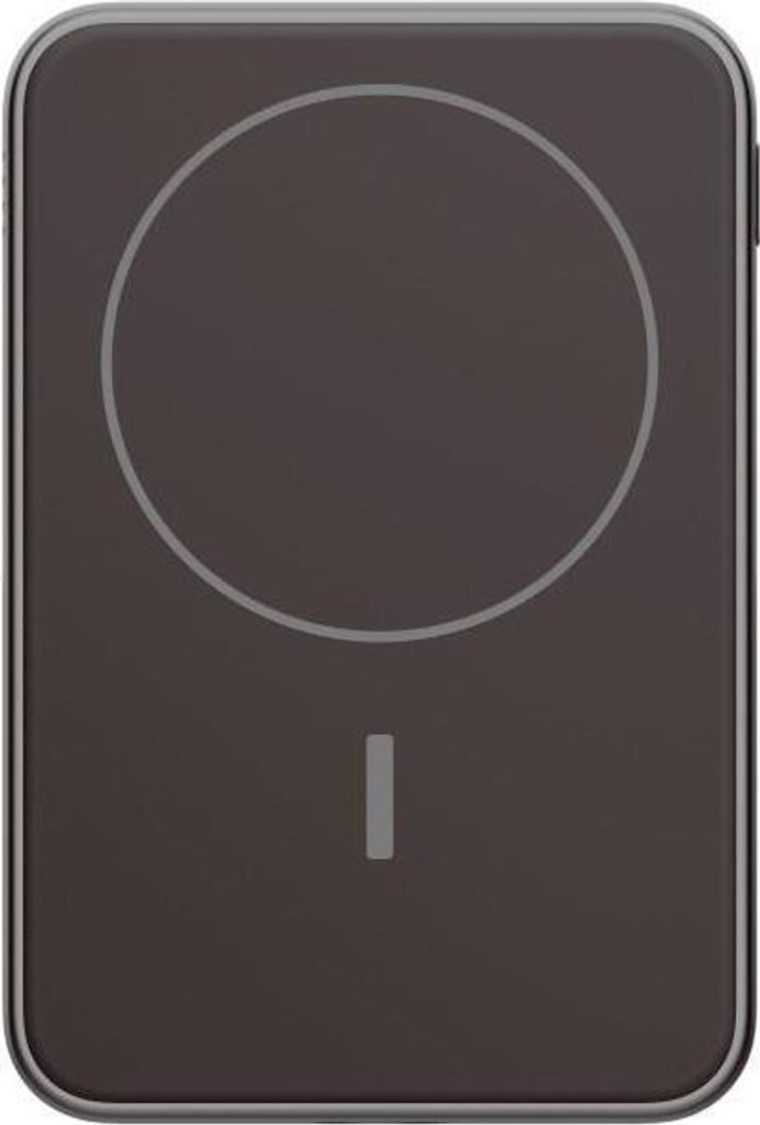 A top-down view of a dark gray wireless magnetic power bank with a light gray circular outline and a vertical line indicator.