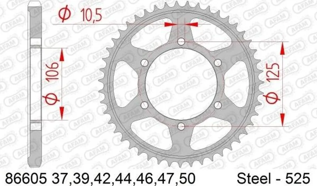 Couronne Arrière en Acier 46 Dents Pas 525 AFAM Noir pour Chaîne Moto
