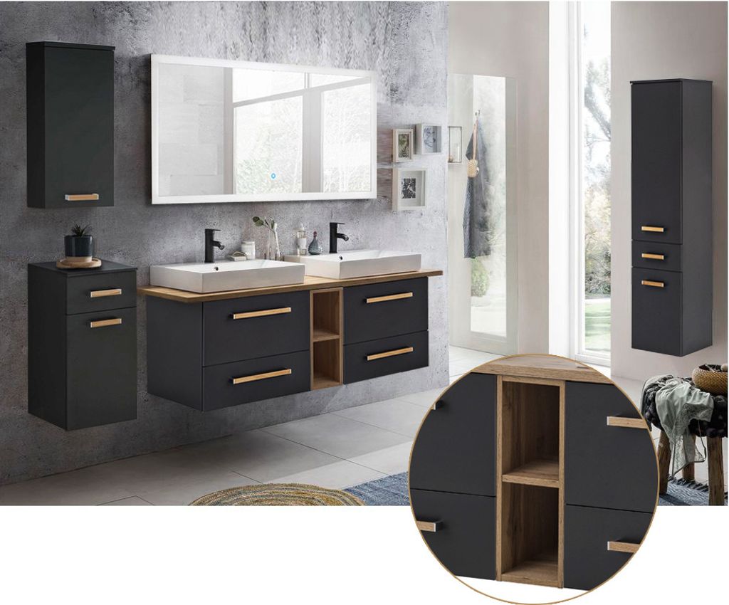 Badmöbel Komplett Set mit Keramik Doppel-Waschtisch DABO-04 in anthrazit, Landhaus Eiche, B/H/T 250/200/50 cm