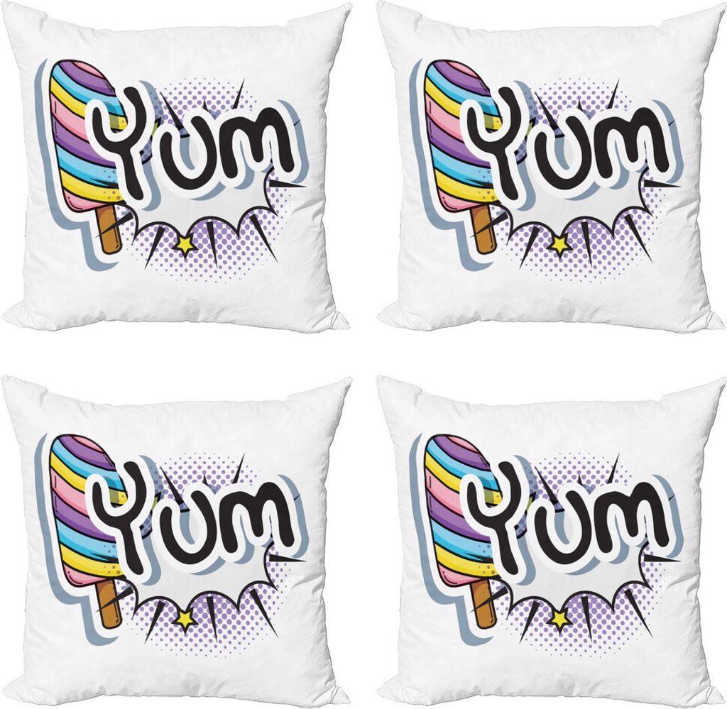 ABAKUHAUS Yum Kissenbezug Set (4 Stück), Pop-Art-Stil Childish Wording, Moderner Doppelseitiger Digitaldruck, 50 cm x 50 cm, Mehrfarbig