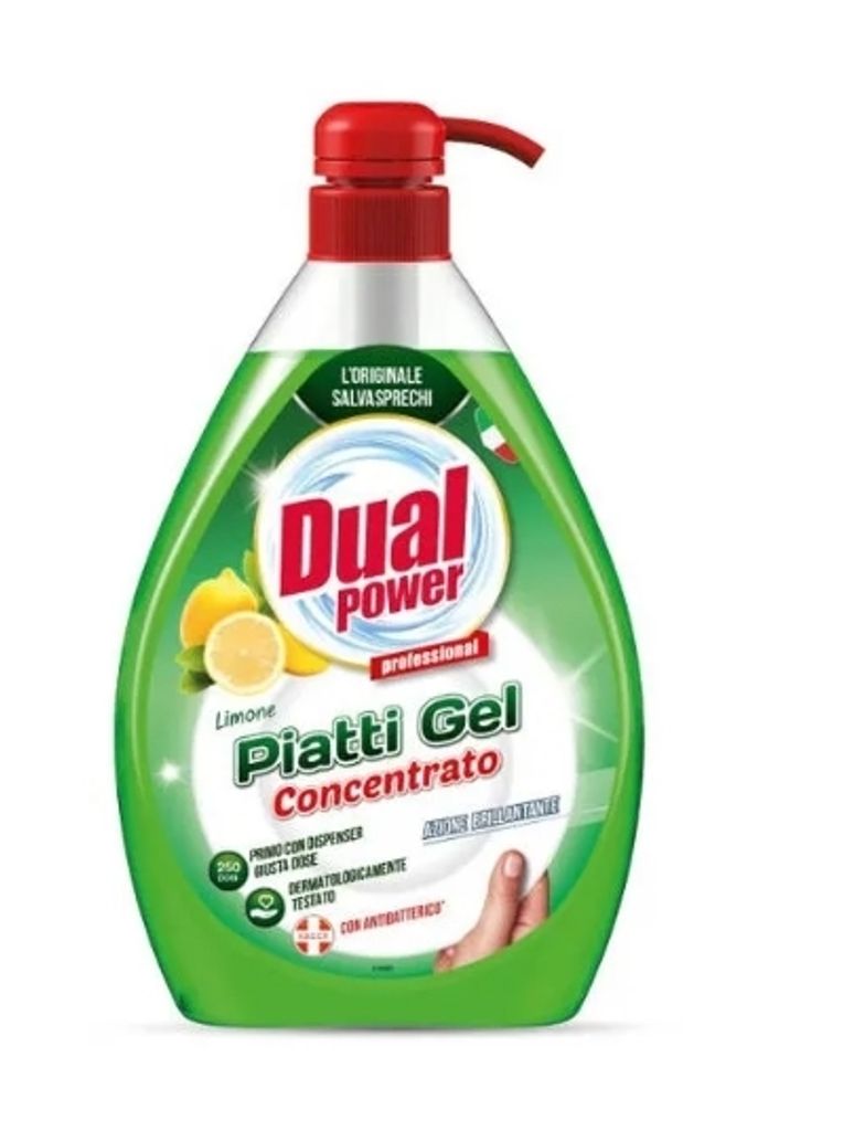 A bottle of Dual Power dish soap with a pump dispenser.