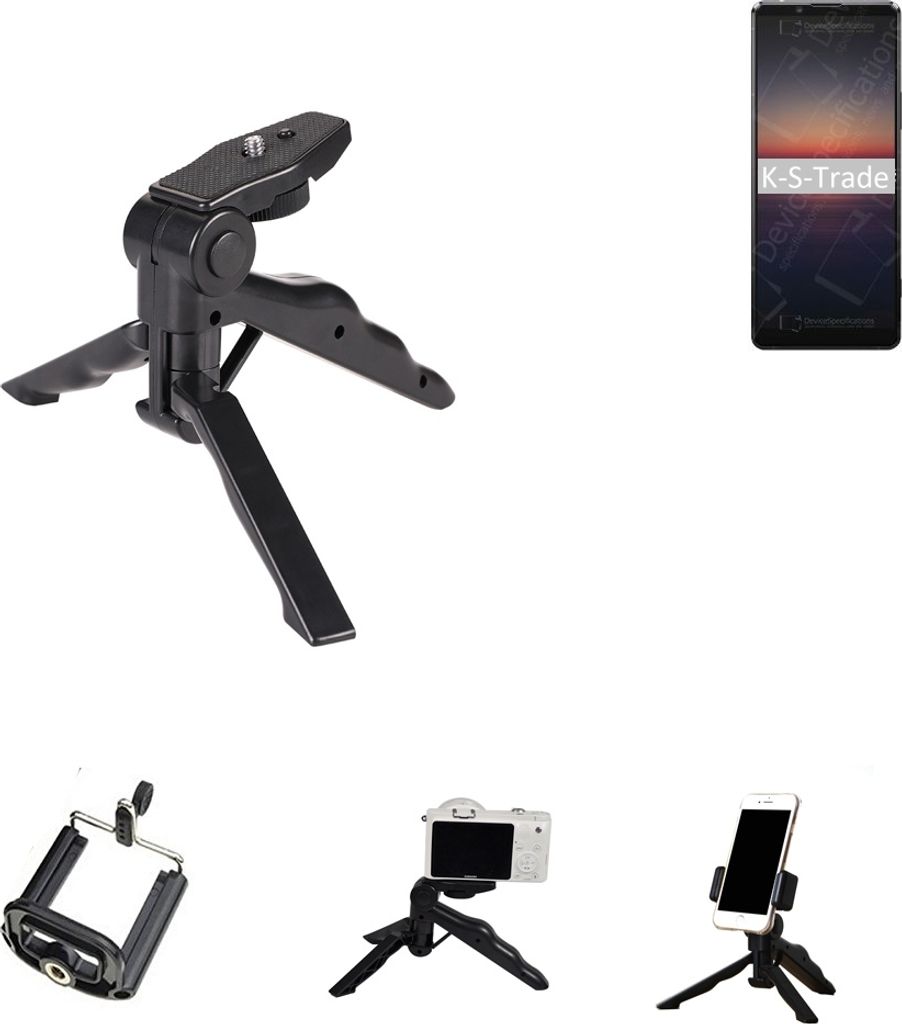 K-S-Trade Stativ Tisch-Ständer Dreibein Handy-Stativ Ständer kompatibel mit Sony Xperia 1 II Mini-Stativ Smartphone Tripod Handy-Stativ aus Plastik