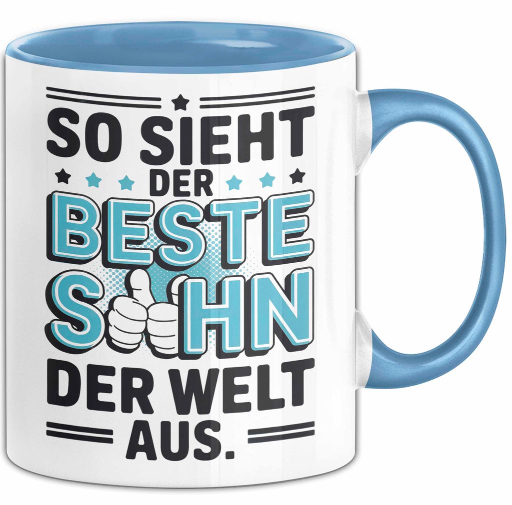 Bester Sohn Kinder Tasse Becher Geschenk Lustige Geschenkidee Spruch So Sieht Der Beste Sohn Der Welt Aus (Blau)