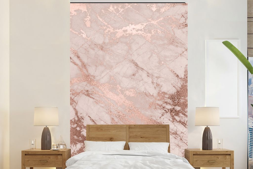MuchoWow Fototapete für Wohnzimmer oder Schlafzimmer Wandtapete Vinyl Motivtapete Marmor - Rosa - Luxus - Marmoroptik - Glitzer - Design - 155x2...