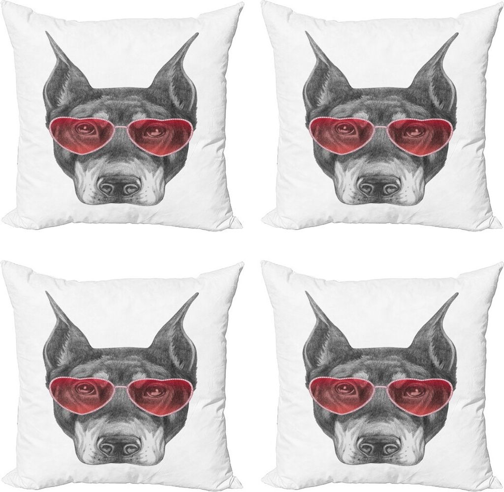 ABAKUHAUS Sonnenbrille Kissenbezug Set (4 Stück), Bleistiftzeichnung Hund, Moderner Doppelseitiger Digitaldruck, 60 cm x 60 cm, Vermilion Grau Weiß