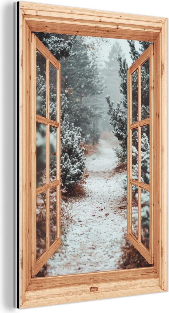 MuchoWow Wanddekoration Metall Metallbild Wandkunst 60x90 cm Wald - Winter - Bäume - Natur - Weg - Aussicht MuchoWow Aluminium Gemälde - Wandbild...