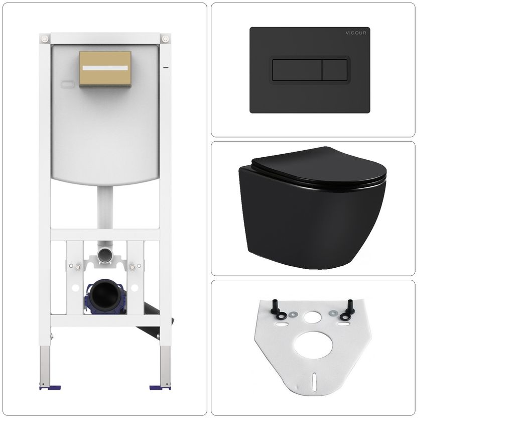 BB Wand WC spülrandlos mit SoftClose WC-Sitz & CONEL Vorwandgestell + VIGOUR TEES Betätigungsplatte, schwarz matt