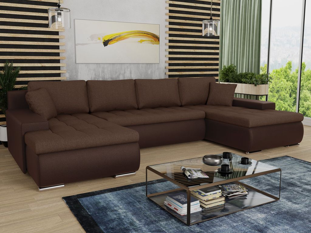 Wohnlandschaft mit Schlaffunktion Faris U Form   Couch, Schlafsofa mit  Bettkasten, Couchgranitur mit Bettfunktion, Big Sofa, Bettsofa Braun  Madryt ...