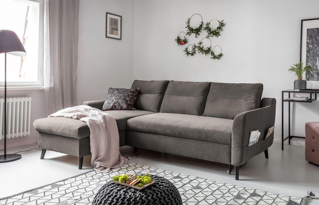 MIUFORM Stylish Stan Velours - Ecksofa mit Bettfunktion - 224x148cm - Dunkelgrau - L-Form Links - Schlafsofa Couch