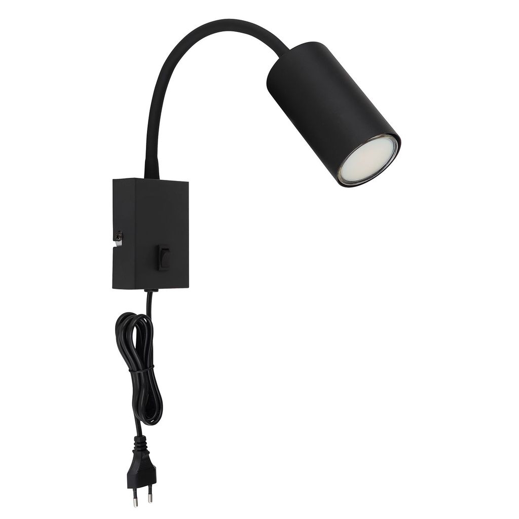 A black wall lamp with a flexible neck and a cylindrical light head.