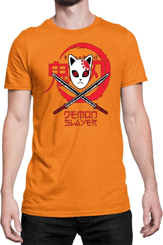 Herren T-Shirt Demon Anime Slayer Kimetsu No Yaiba Mask 001, Man 2XL / Orange