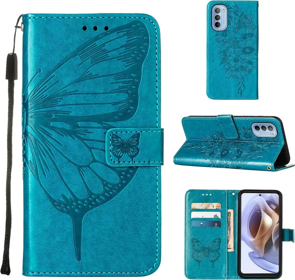Custodia Moto G31 Pelle Blu Farfalla Goffrata - Portafoglio Premium