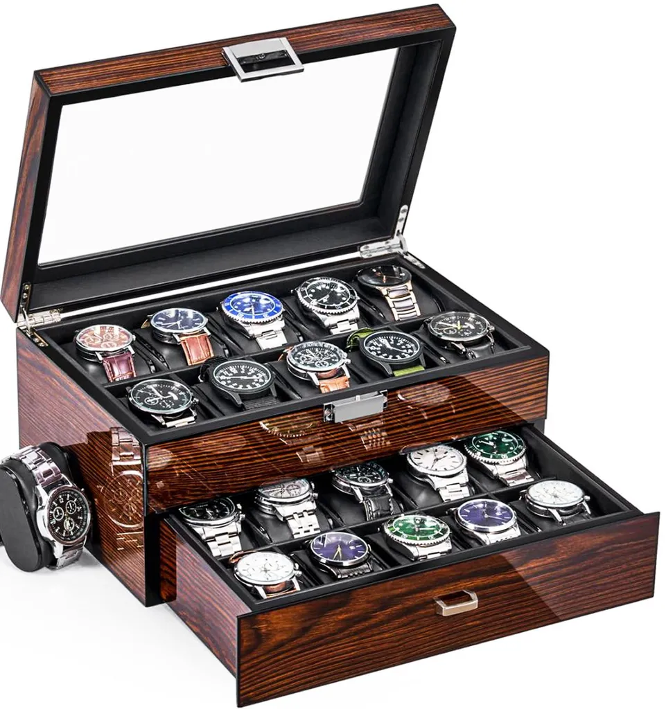 Boîte de rangement pour montres avec couvercle en verre et 20 places