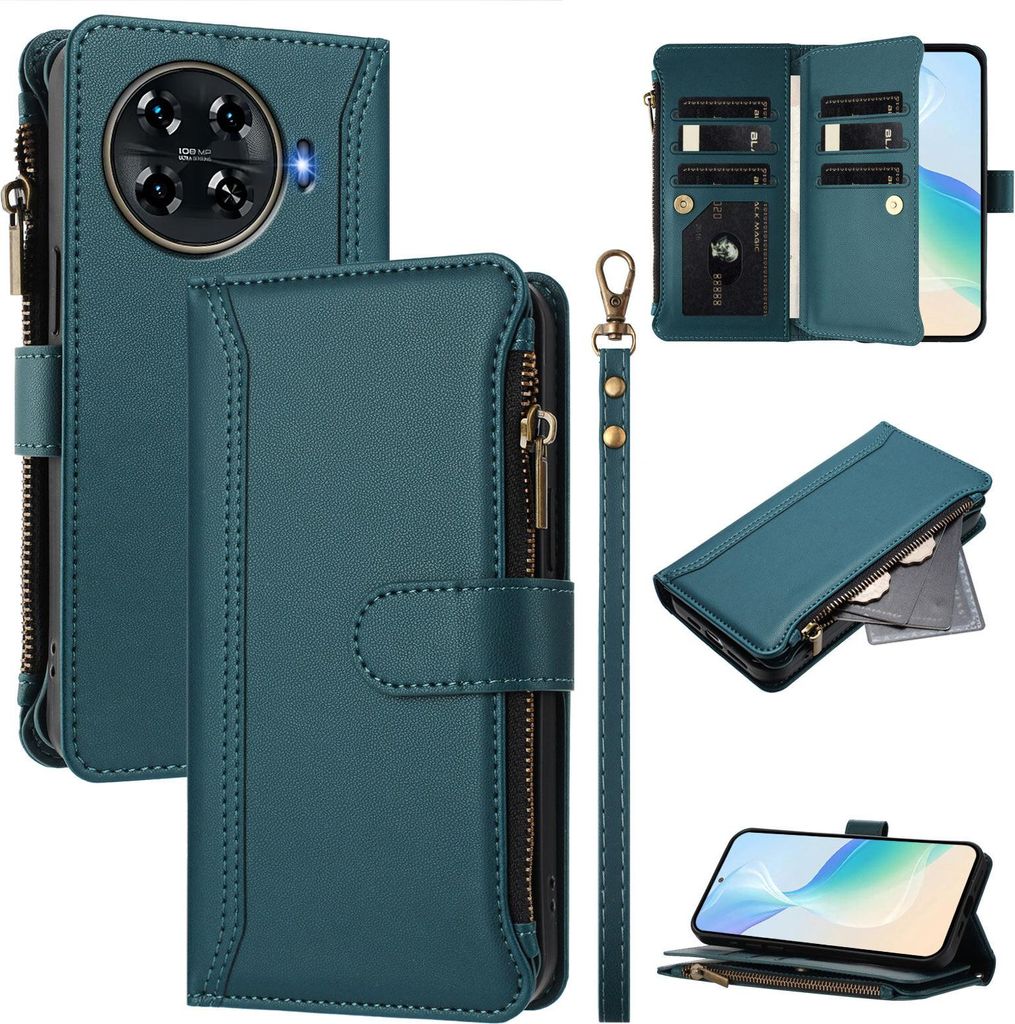 Handyhülle für Tecno Spark 20 Pro+ Reißverschluss Geldbörse Kunstleder Klapphülle mit Kartensteckplatz, Ständer, Handschlaufe Grün