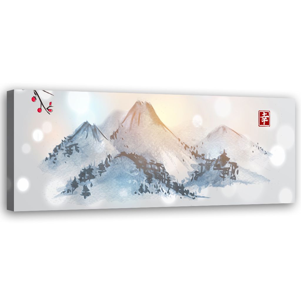 Leinwandbild Japanische Sumi-e-Berge 150x50 Feeby Blau bild für die wand bereit zum aufhängen