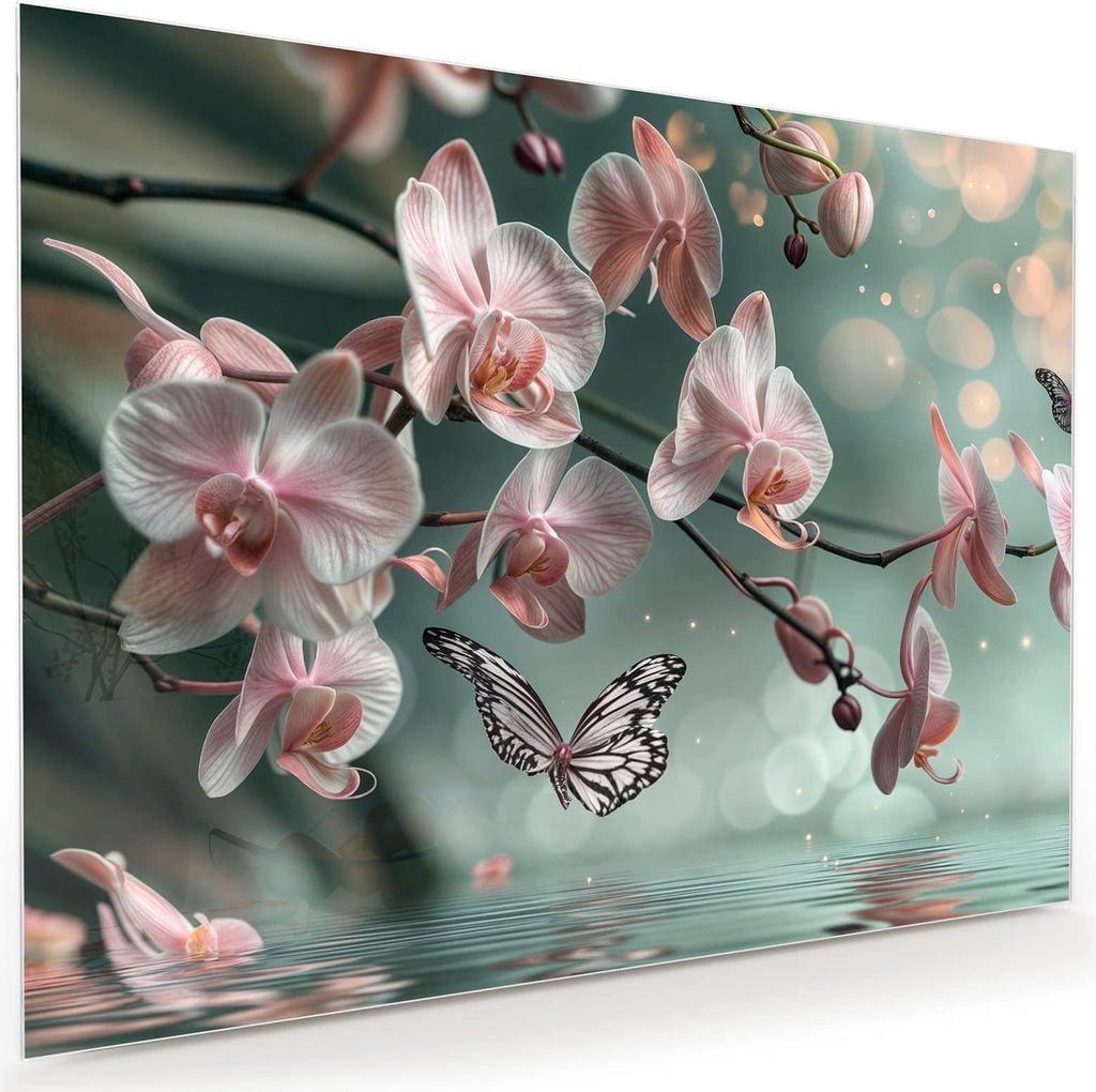 Glasbild 120x90cm in XXL für Wohnzimmer, Schlafzimmer Motiv Orchideen Schmetterling