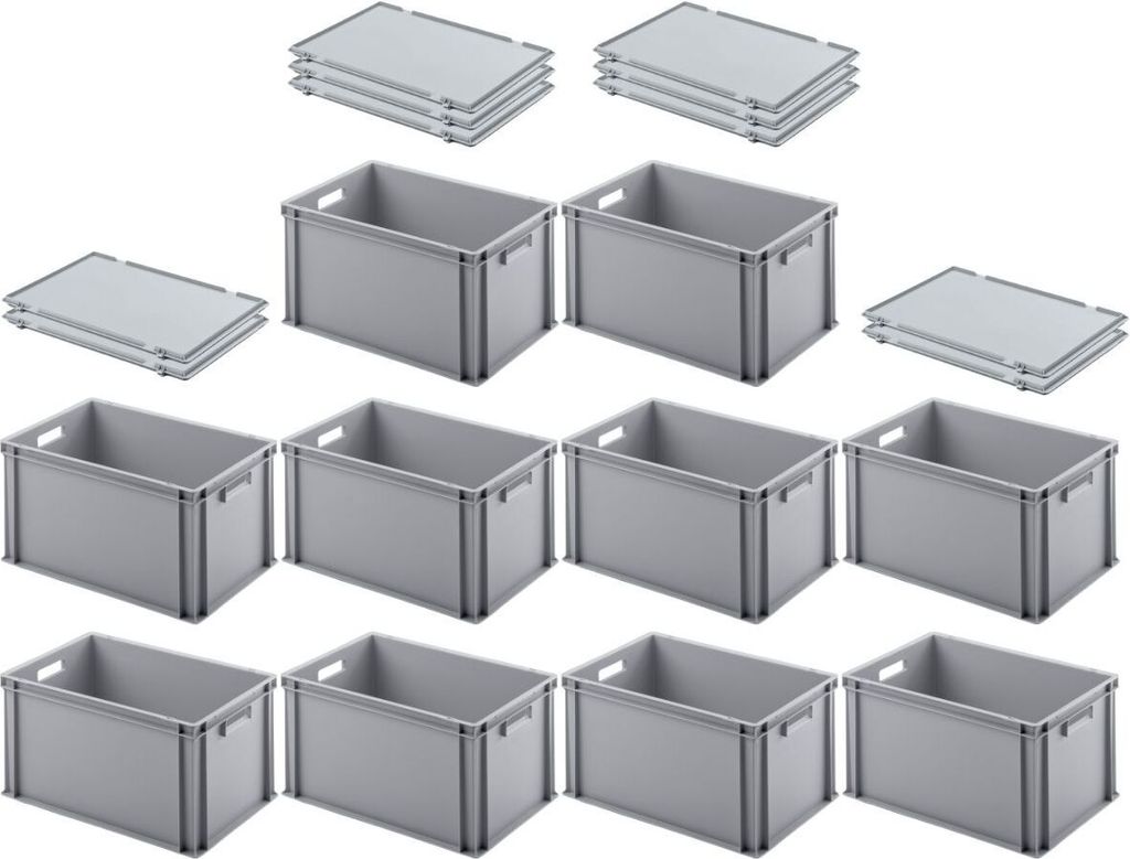 SuperSparSet 10x Eurobehälter mit offenem Griff und Scharnierdeckel | HxBxT 32x40x60cm | 56 Liter | Grau | Eurobox, Transportbox, Transportbehält...