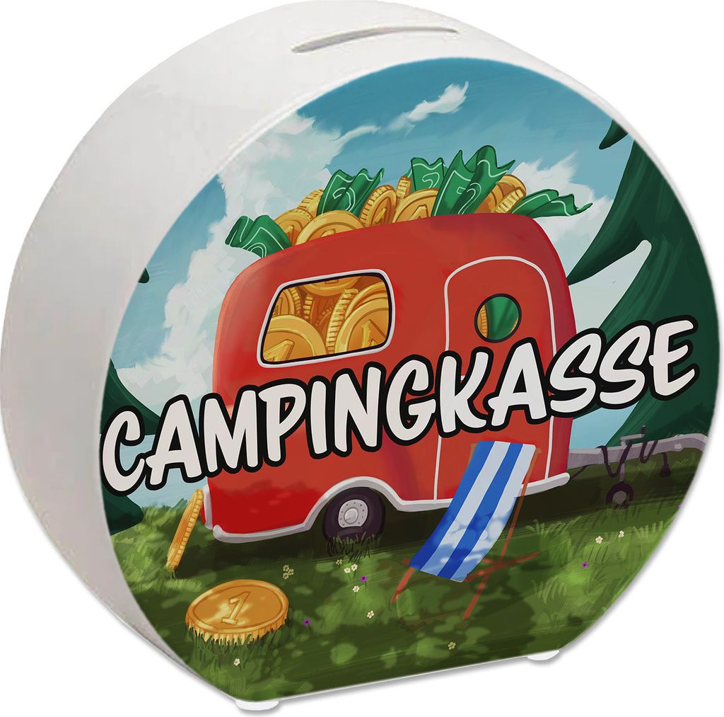 Spardose aus Keramik mit Camper Motiv und Text - Wohnwagen im Wald Campingkasse