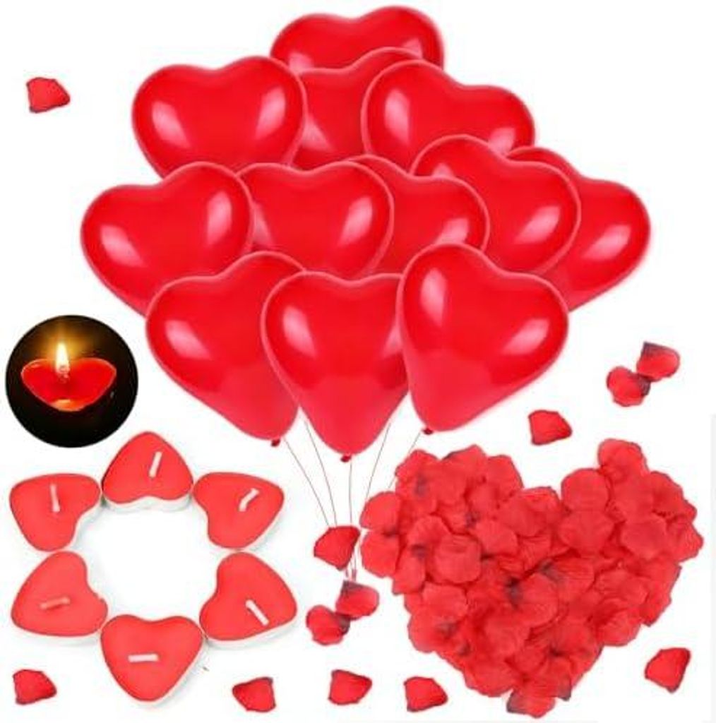 Howaf Valentinstag Deko Set, 30 Herzluftballons Rot Herzballons + 50 Herz Kerzen + 1000 Rosenblätter Für Romantische Deko Heiratsantrag Deko Verl...