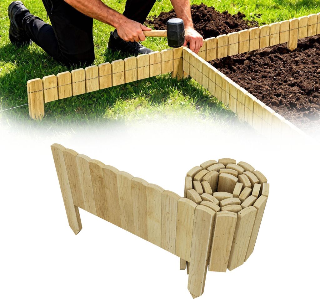 XMTECH Beeteinfassung aus Holz, Flexibler Rollzaun 30 × 200 cm, unbehandelt, Rollborder als Rasenkante, Gartenzaun & Dekozaun