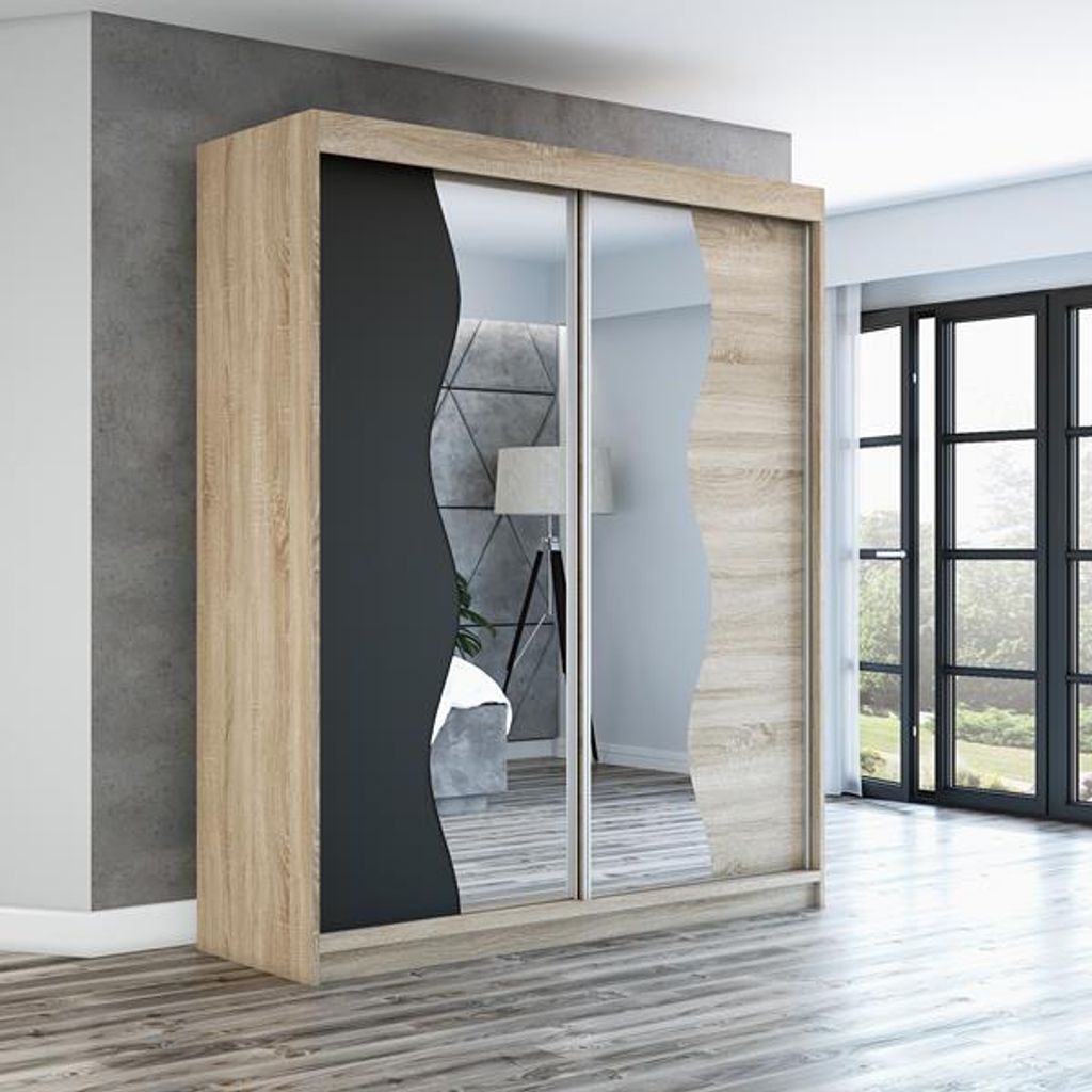 Schwebetürenschrank, 2-türig Schrank mit Spiegel! Moderne Garderobe für Kleidung. Verschiedene Farben (Weiß, Schwarz, Somona) Kleiderschrank RI...