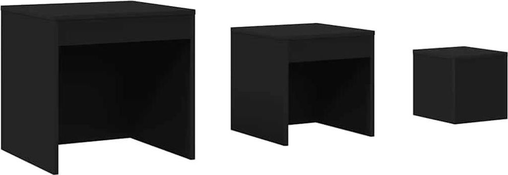 Three black nesting tables of varying sizes are displayed against a white background.