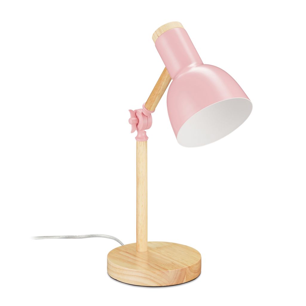 Relaxdays Schreibtischlampe, verstellbare Retro Tischlampe, Holz & Metall, E14 Fassung, Leselampe, 45,5 x 14,5 cm, rosa