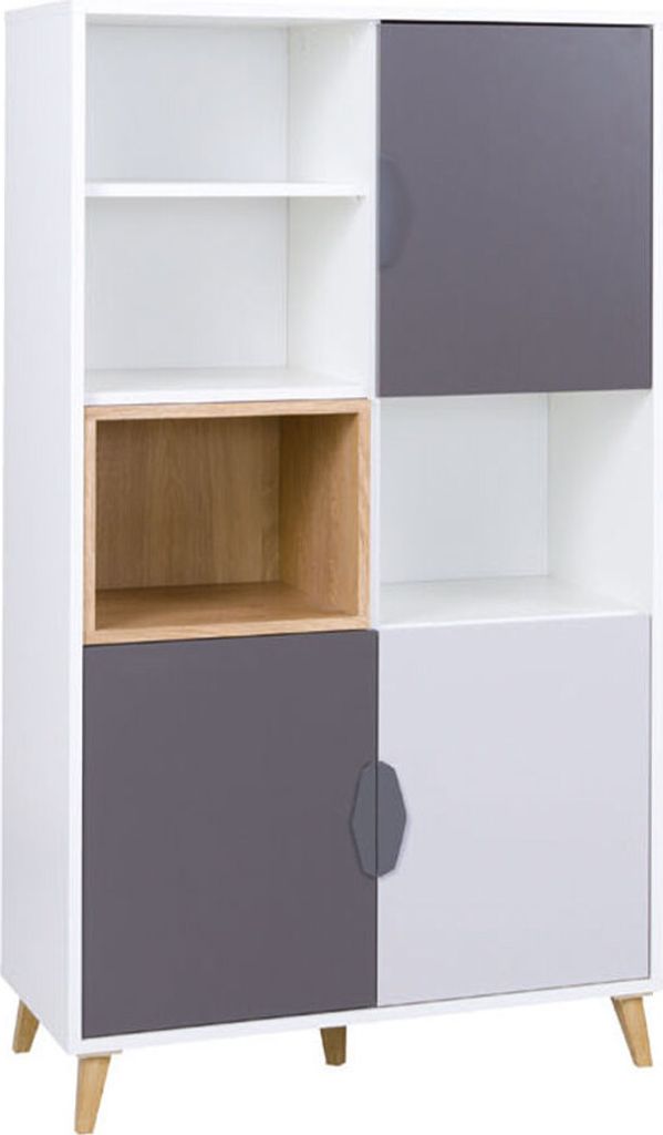 MIRJAN24 Kommode Joker 06, Kinderzimmer Highboard, Stilvoll Sideboard (Weiß / Graphit + Grau + Lefkas Eiche)