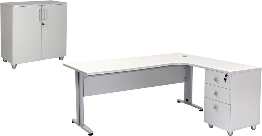 Schreibtisch Set Dona, grau Nachbildung, inkl. Schreibtisch inkl. Container mit 3 Schüben, rechts gwinkelt, Aktenschrank