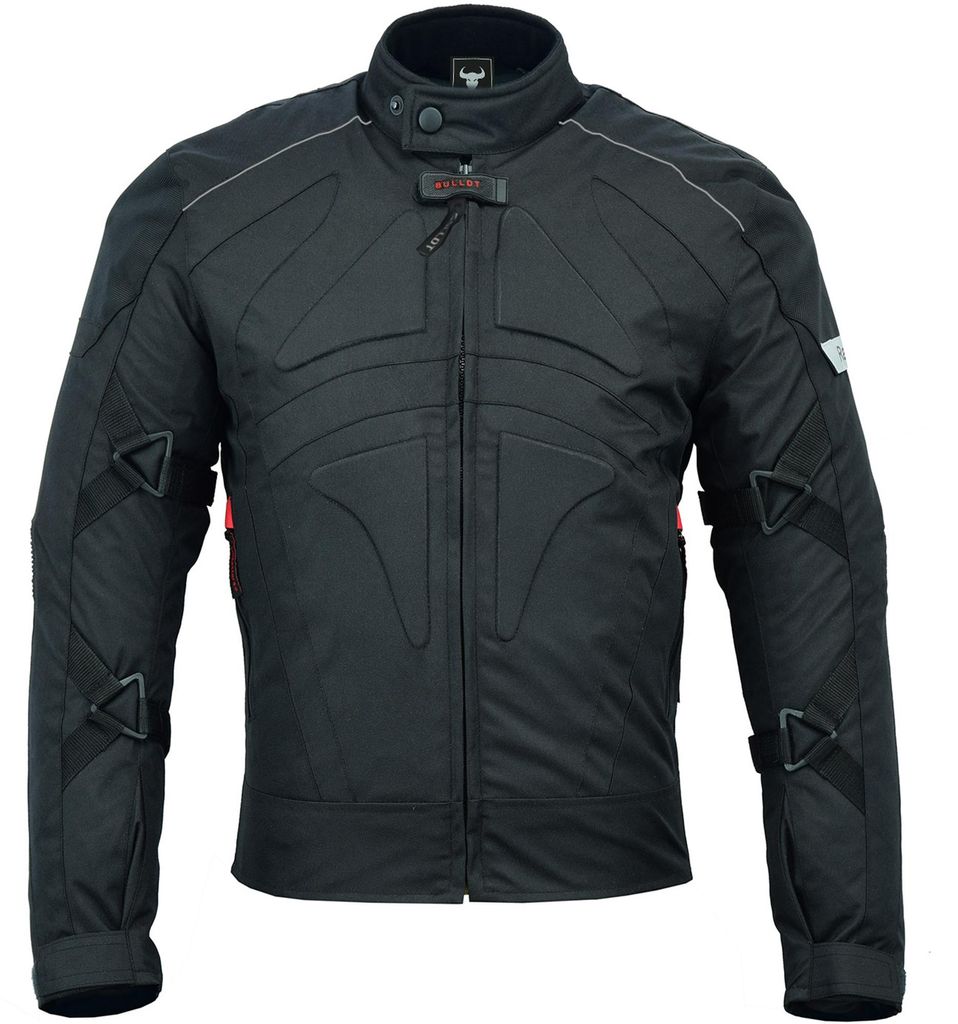Herren-Motorradjacke in Schwarz, Vorderansicht. Gefertigt aus Cordura-Polyester 600D und wasserabweisendem Nylon, mit Reißverschluss- und Klettverschlüssen. Ausgestattet mit Protektoren an Armen, Schultern und Rücken.