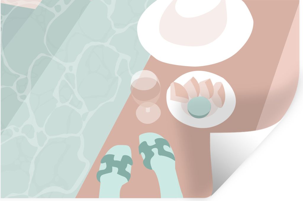 MuchoWow Wandtattoo Wandsticker Wandaufkleber Weinglas - Hausschuhe - Pool - Sommer 30x20 cm Selbstklebend und Repositionierbar - Wierderverwendb...